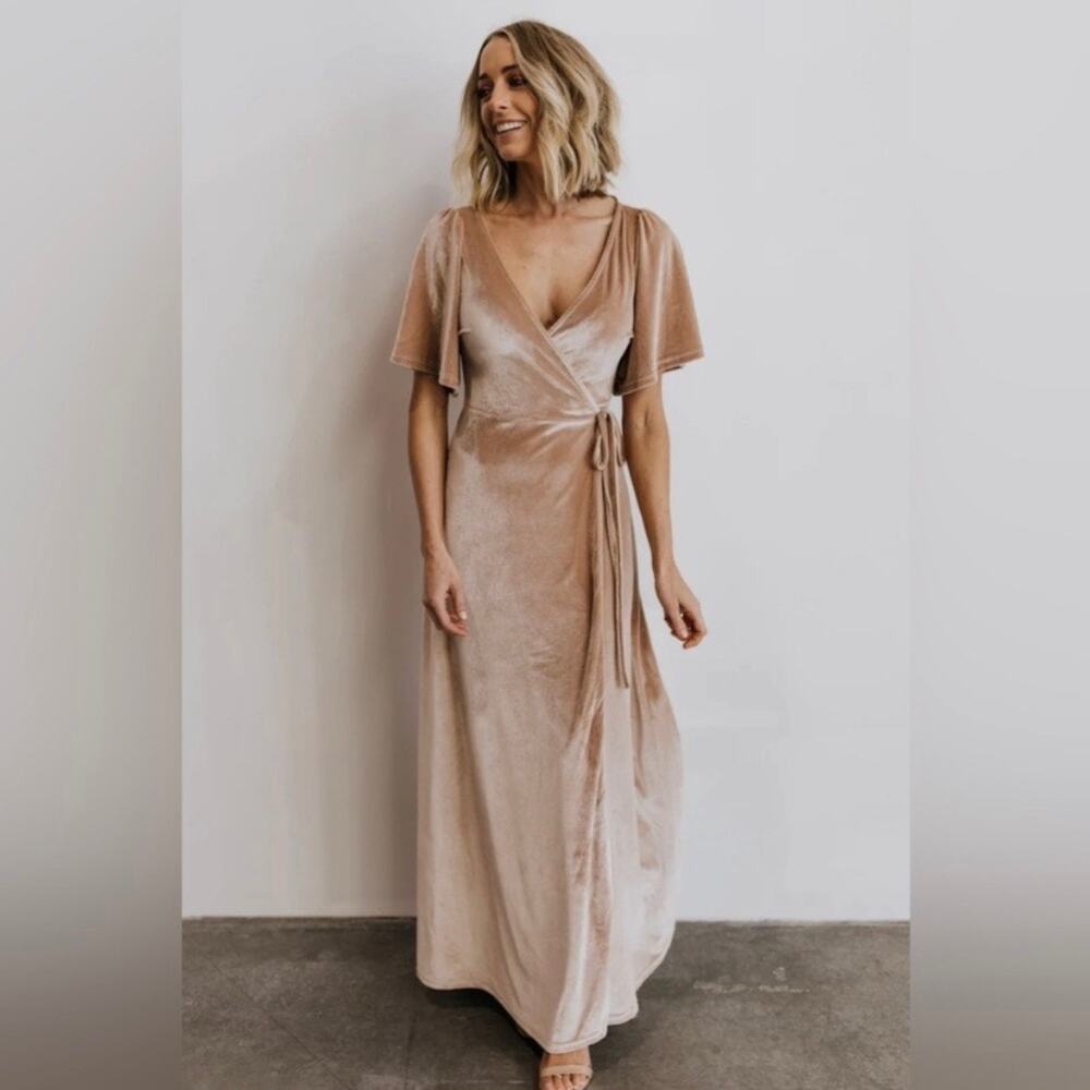 Baltic Born Beige Velvet Meghan Short Flutter Sleeve Wrap Maxi Dress Sz.XL
